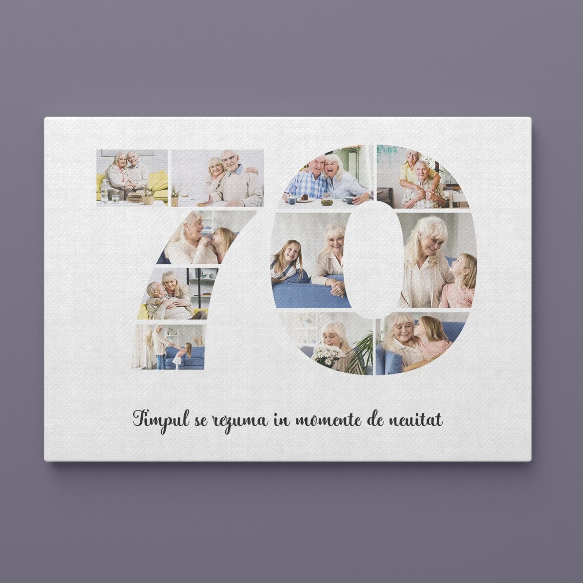 Personalised landscape canvas with 11 photos, model number 70, and text message