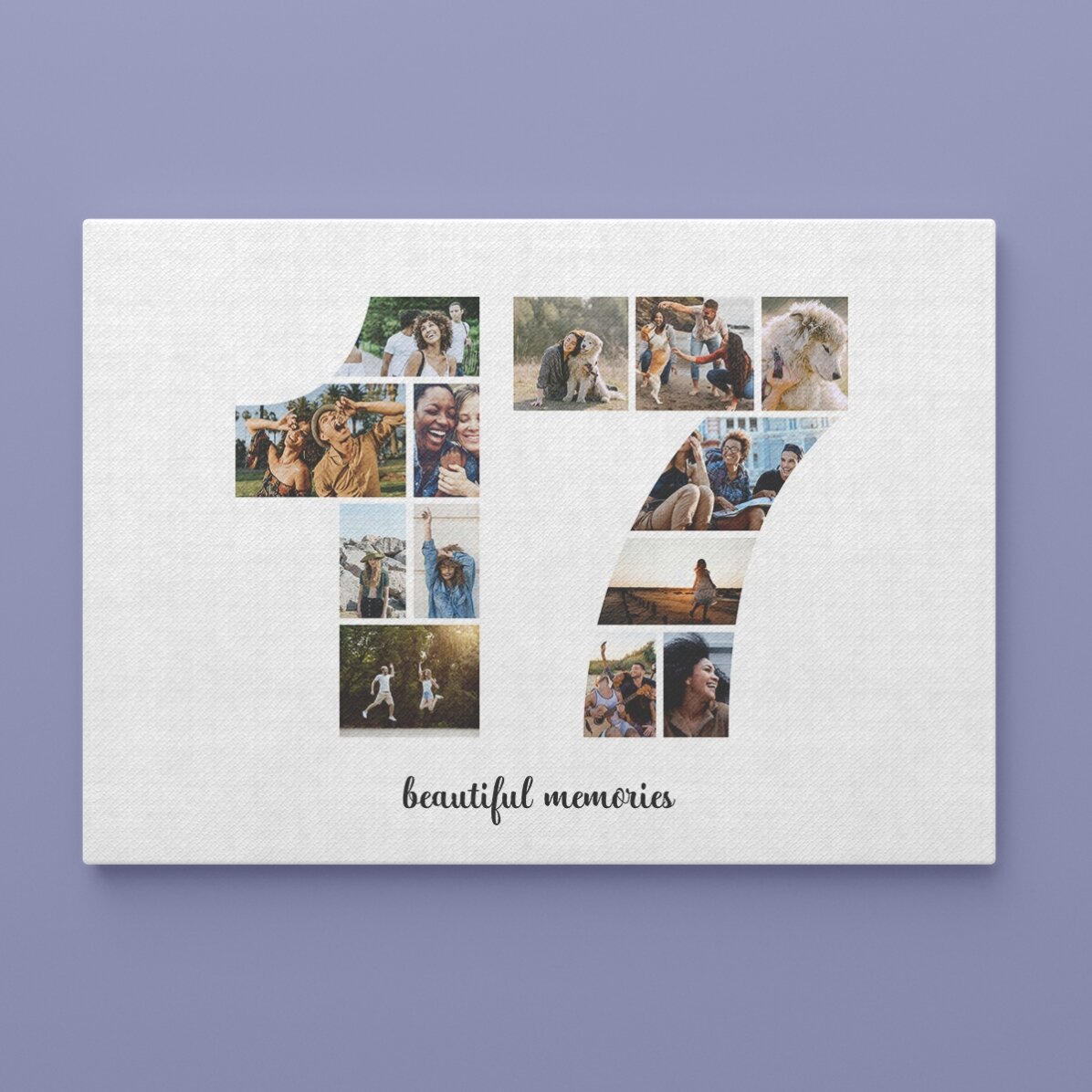 Tableau paysage personnalisé avec 13 photos (modèle n° 17) et un message