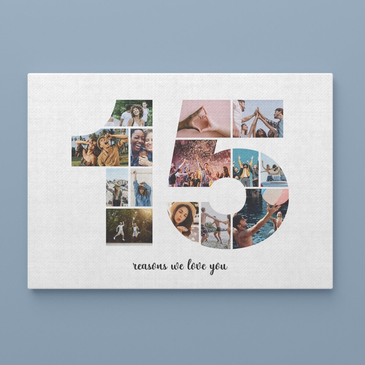 Tableau paysage personnalisé avec 14 photos (modèle n° 15) et un message