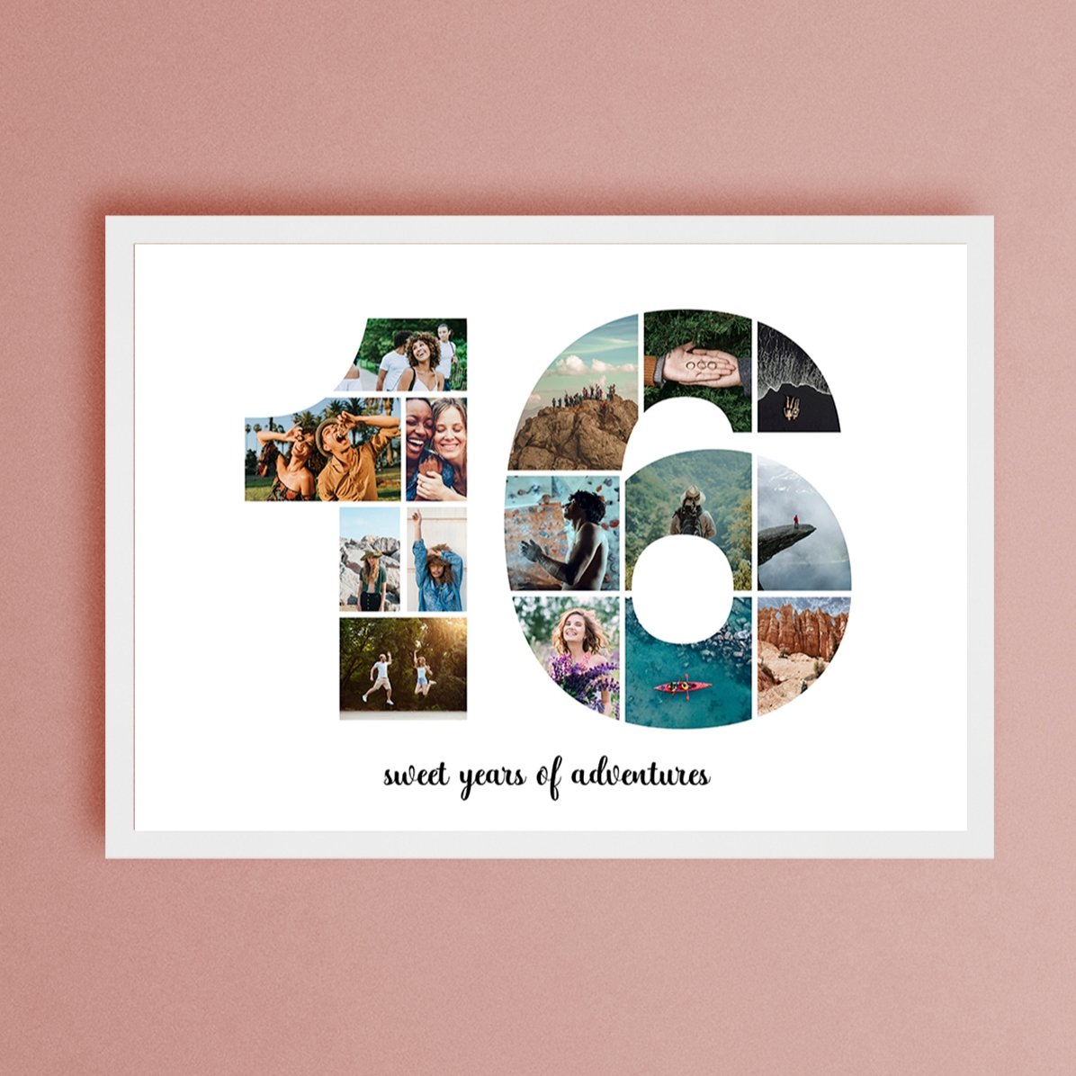 Tableau paysage personnalisé avec 15 photos, modèle n° 16, et un message