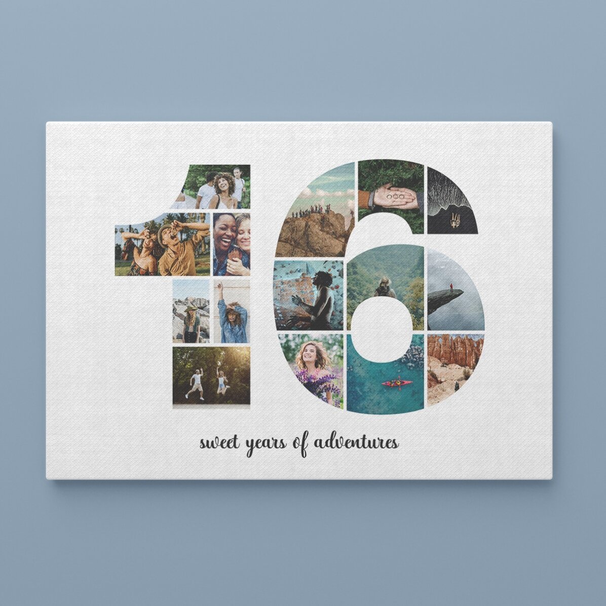 Tableau paysage personnalisé avec 15 photos, modèle n° 16, et un message
