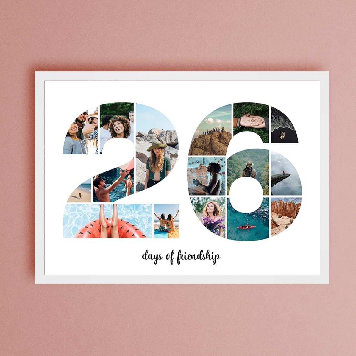 Tableau paysage personnalisé avec 16 photos, modèle n° 26, et un message