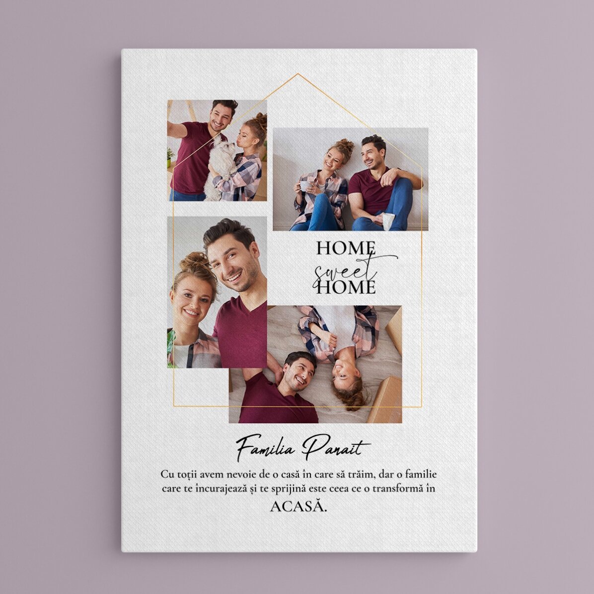 Tableau personnalisé avec 4 photos et un message pour la famille - Chez soi, c