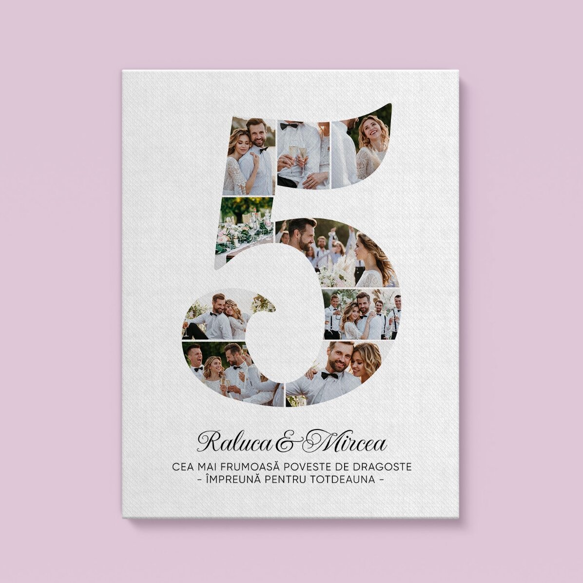 Tableau personnalisé avec le chiffre 5, des photos et un message - Anniversaire de relation