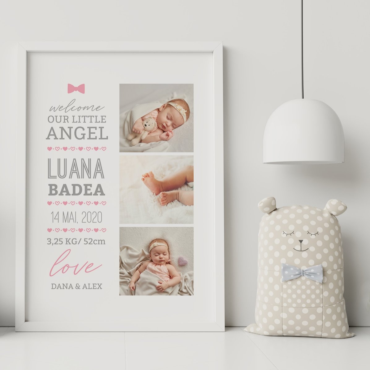 Tableau personnalisé avec un texte et 3 photos - Hello, baby (Fille)
