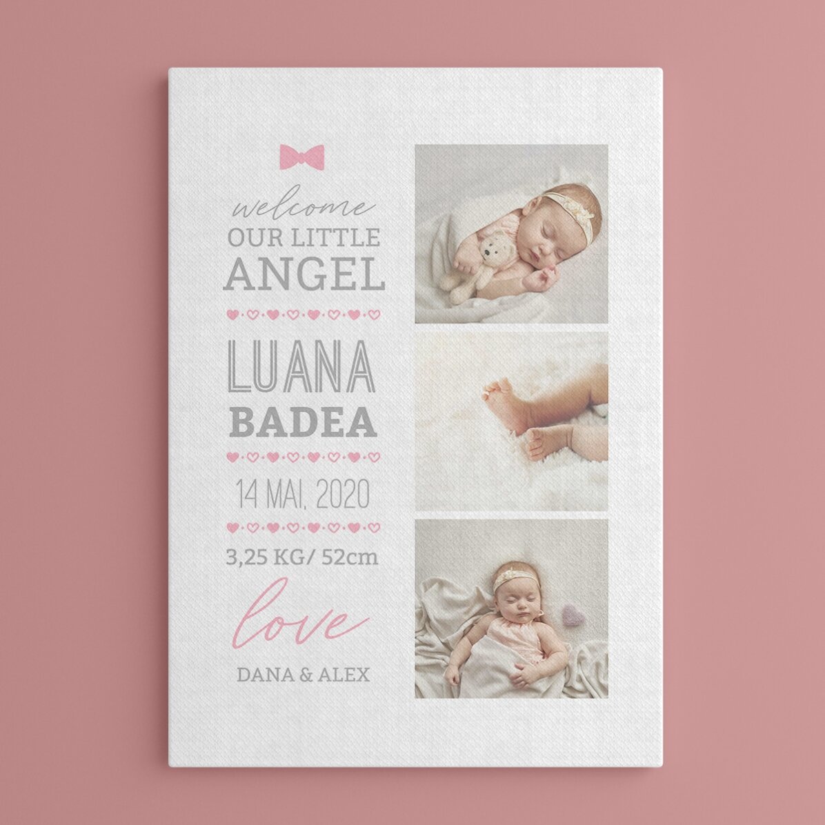 Tableau personnalisé avec un texte et 3 photos - Hello, baby (Fille)