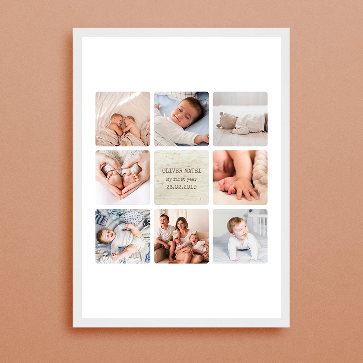 Tableau personnalisé avec un texte et 8 photos - La première année de bébé