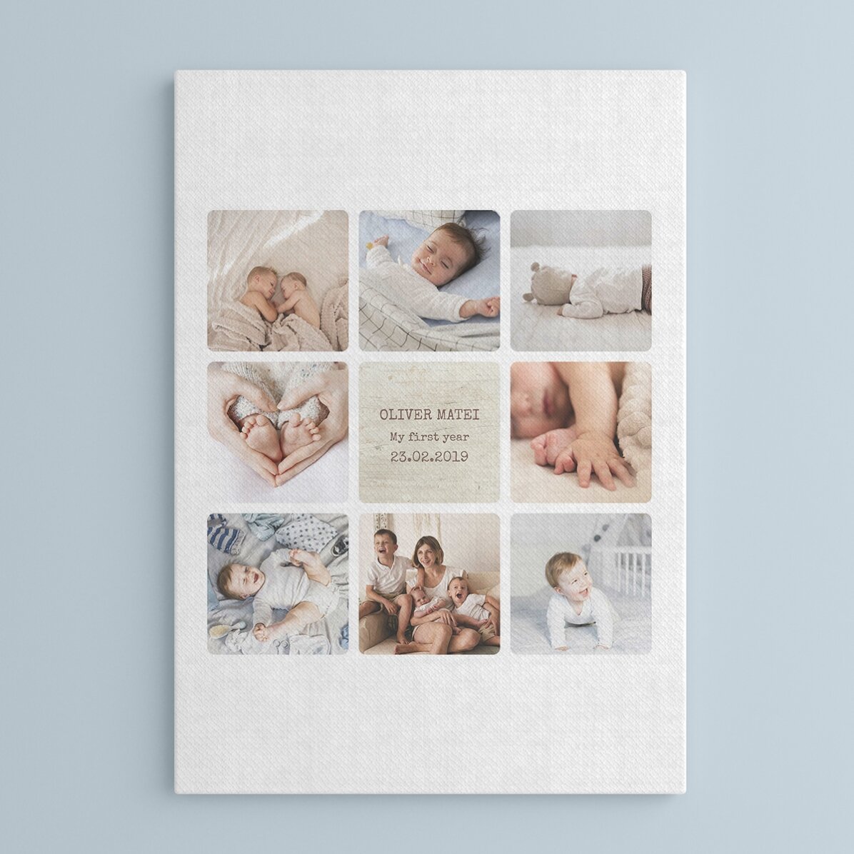 Tableau personnalisé avec un texte et 8 photos - La première année de bébé
