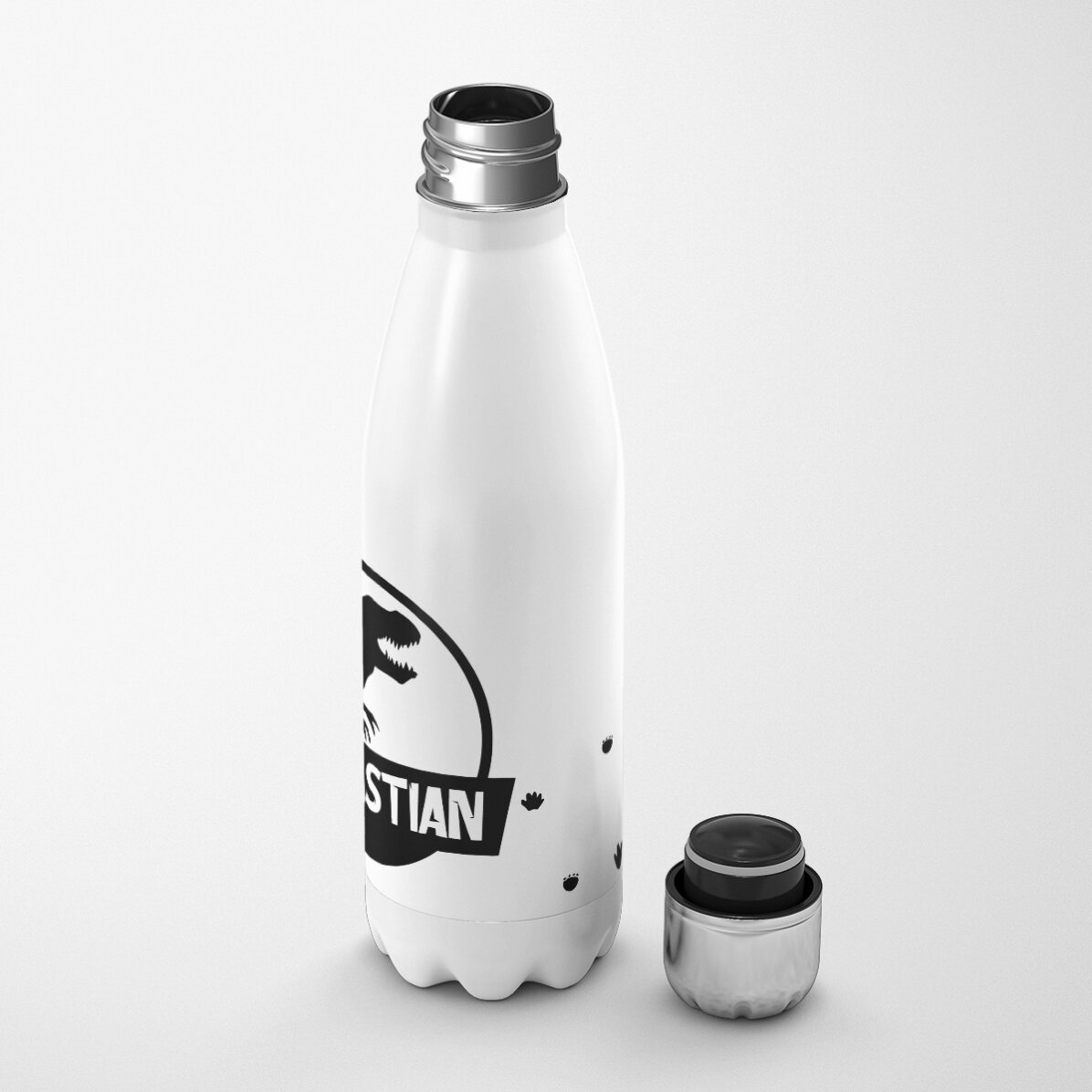 Thermos à base blanche personnalisé avec un prénom - Dinosaure T-Rex noir