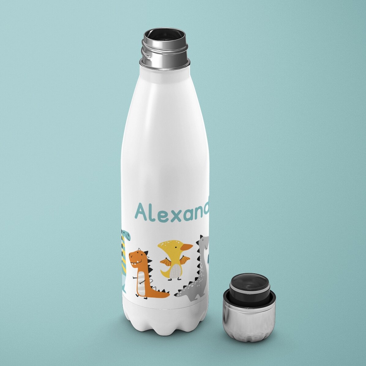 Thermos à base blanche personnalisé avec un prénom - Dinosaures