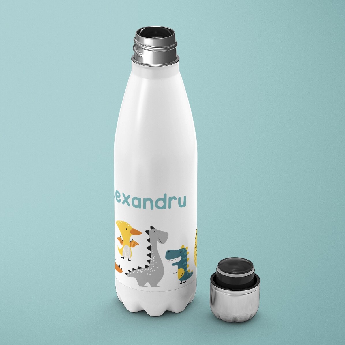 Thermos à base blanche personnalisé avec un prénom - Dinosaures