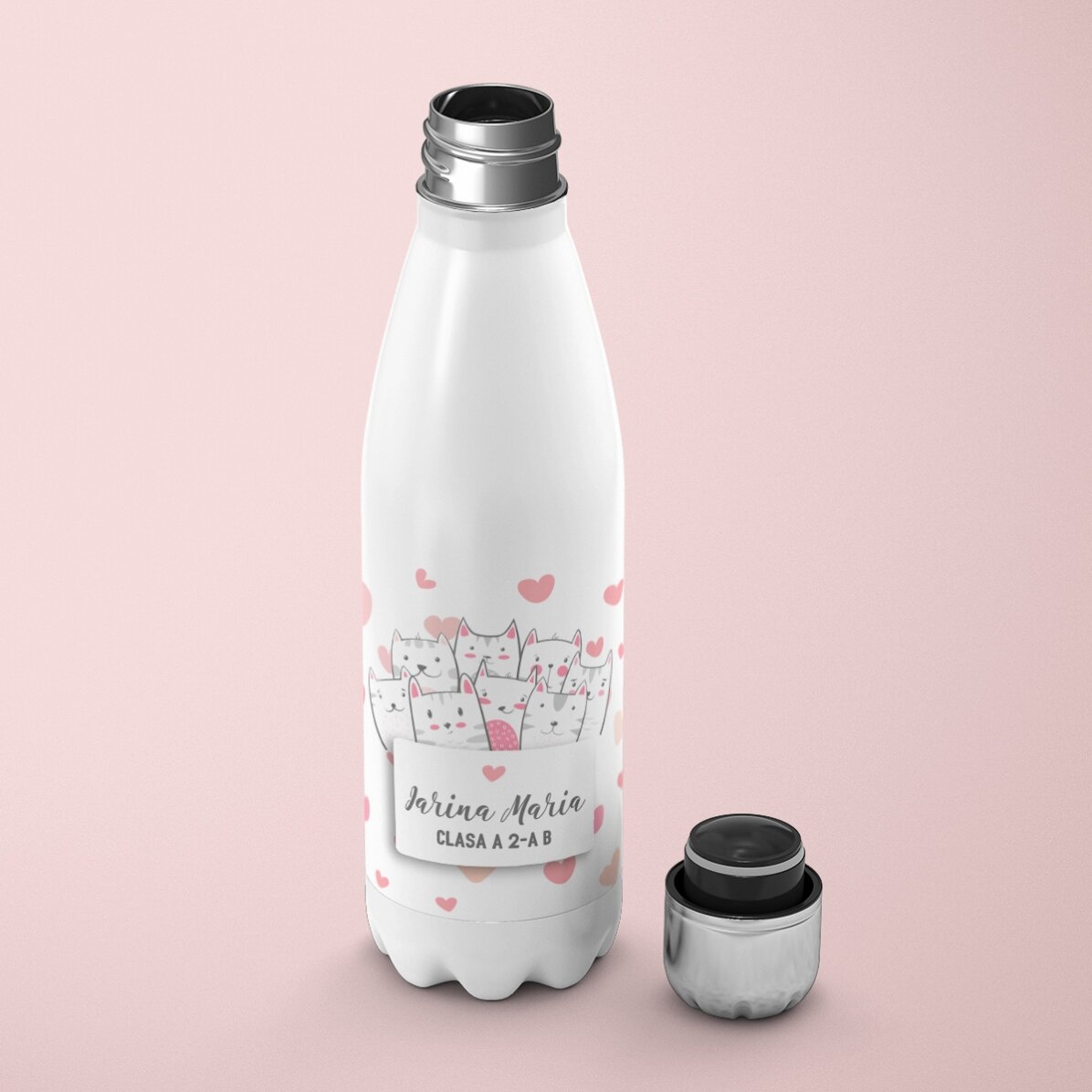 Thermos à base blanche personnalisé avec un prénom - Kitty