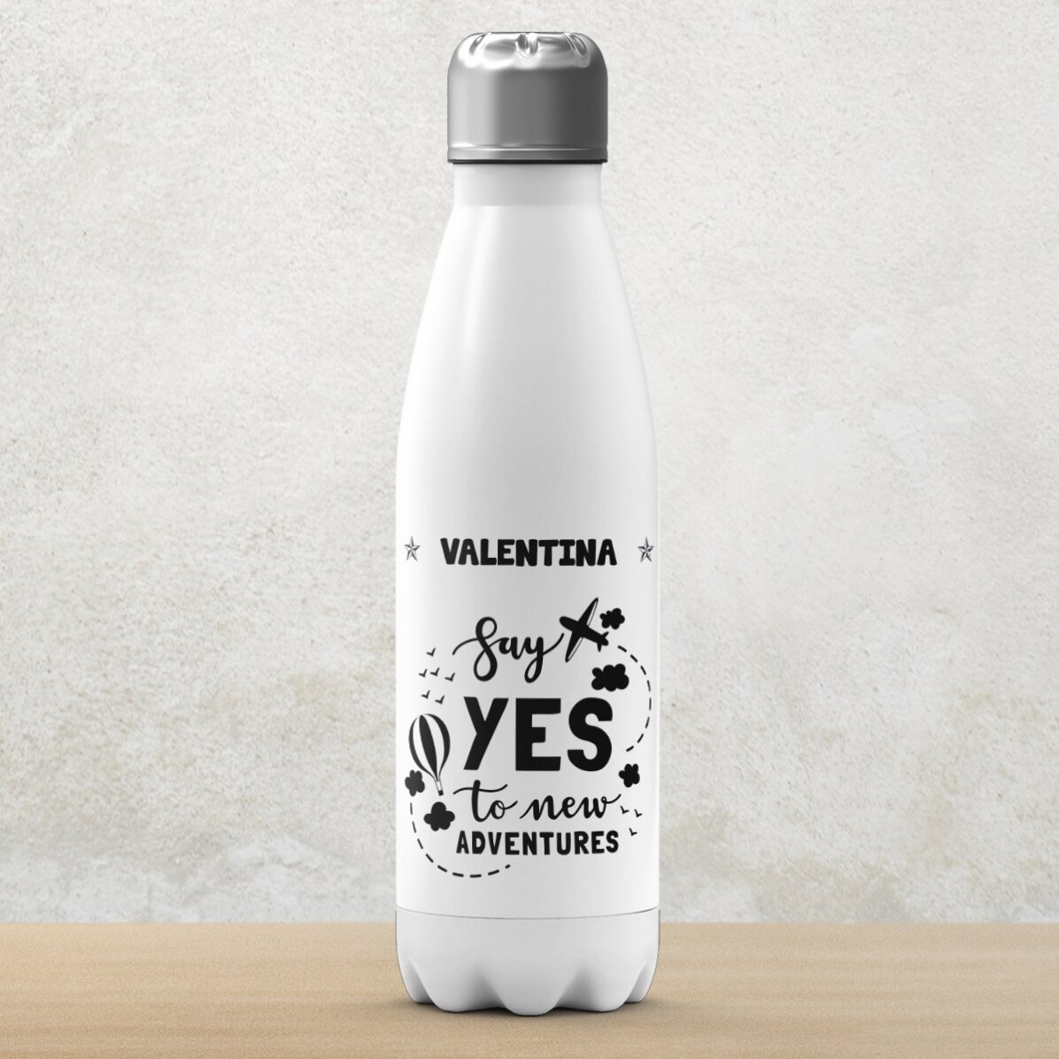 Thermos à base blanche personnalisé avec un prénom - New Adventures