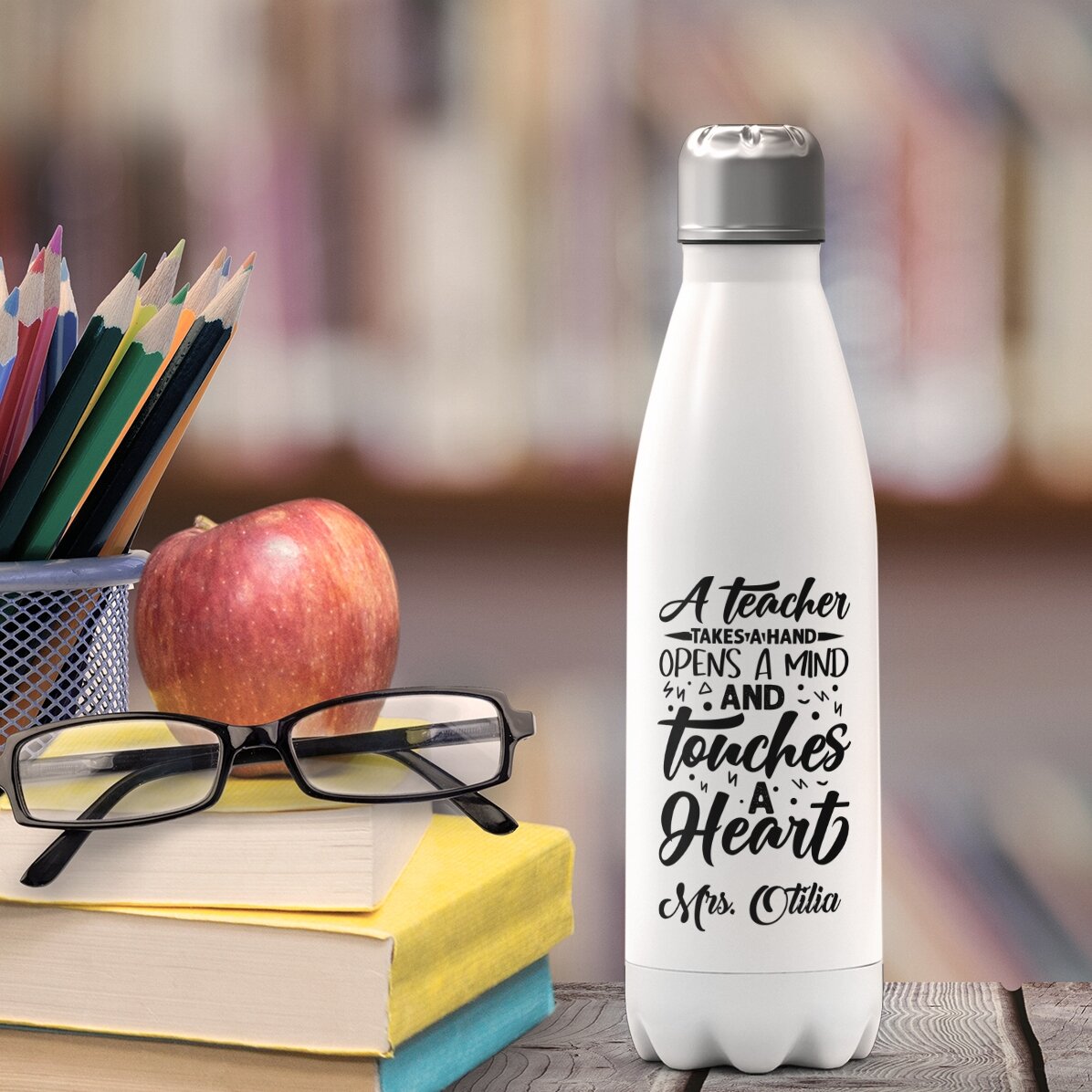 Thermos à base blanche personnalisé avec le nom des enseignants - Touch a heart