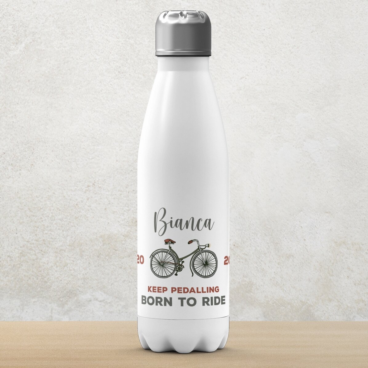 Thermos à base blanche personnalisé avec un nom et un texte - Vélo