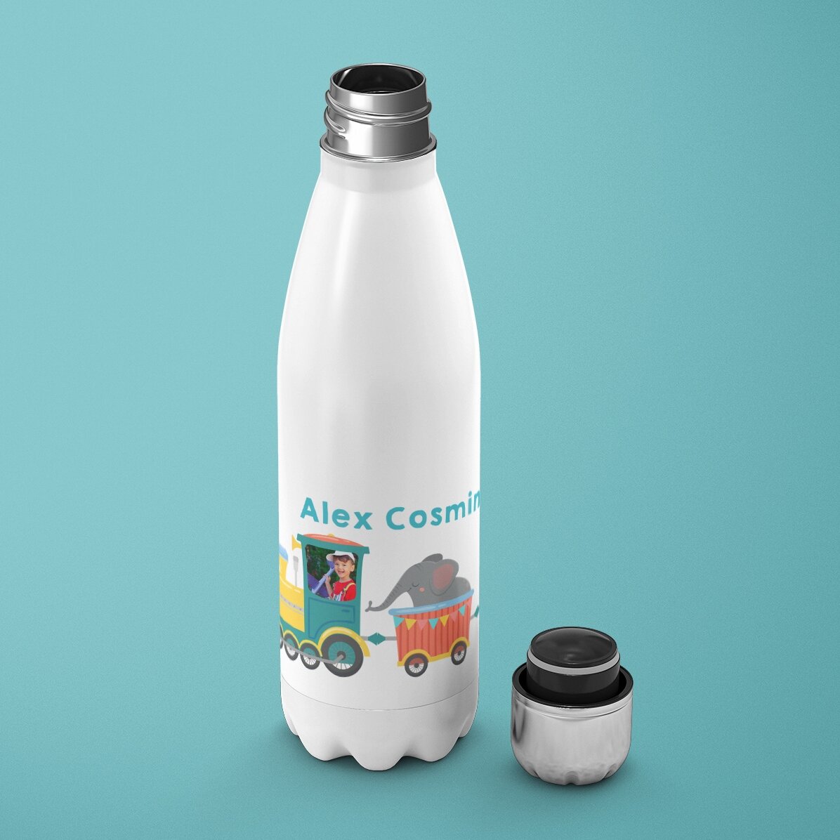 Thermos à base blanche personnalisé avec un prénom - Petit train