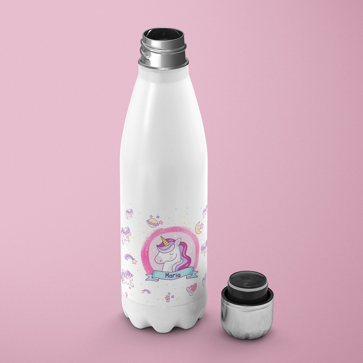 Thermos à fond blanc personnalisé avec un prénom - Licornes