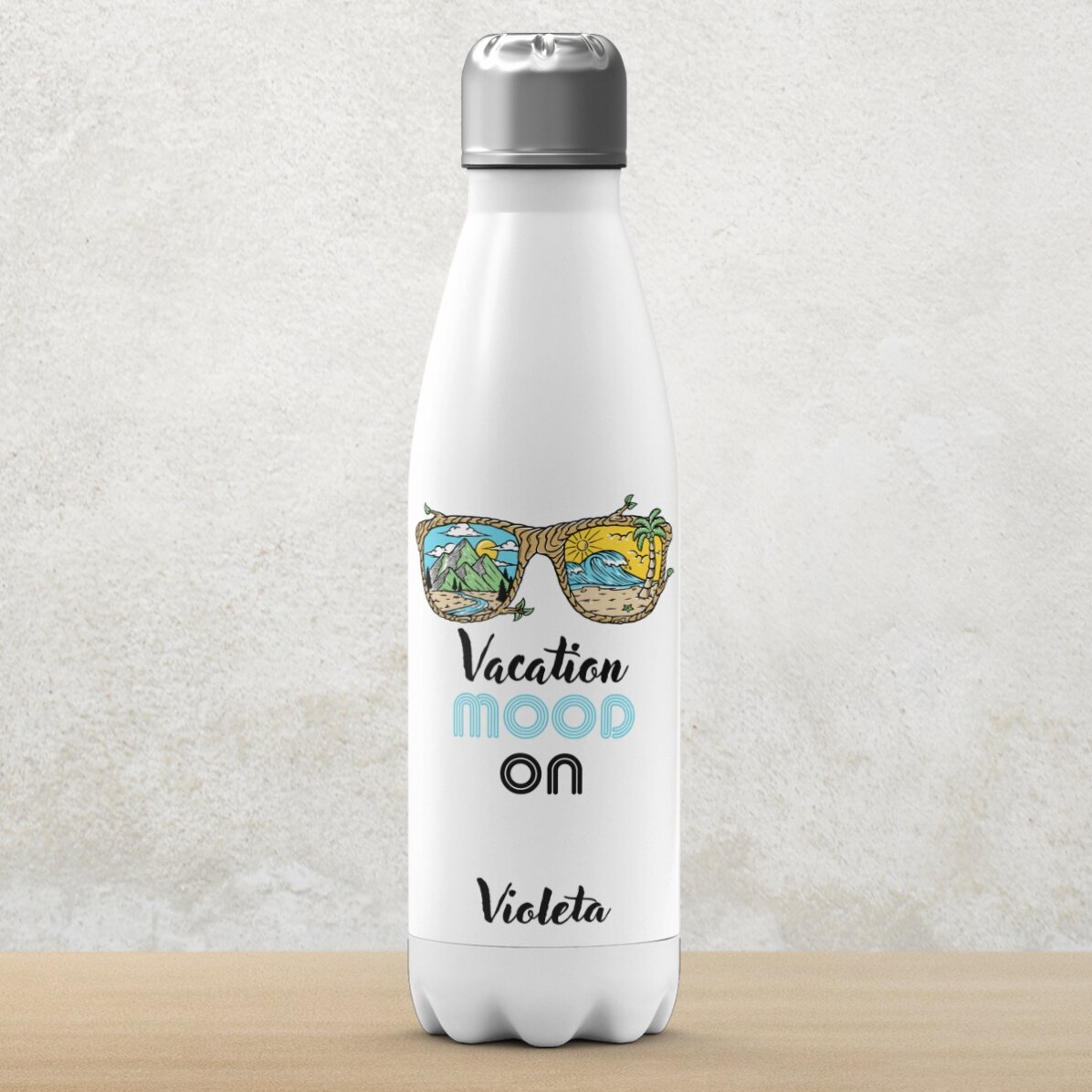 Thermos à base blanche personnalisé avec un prénom - Vacation mood ON
