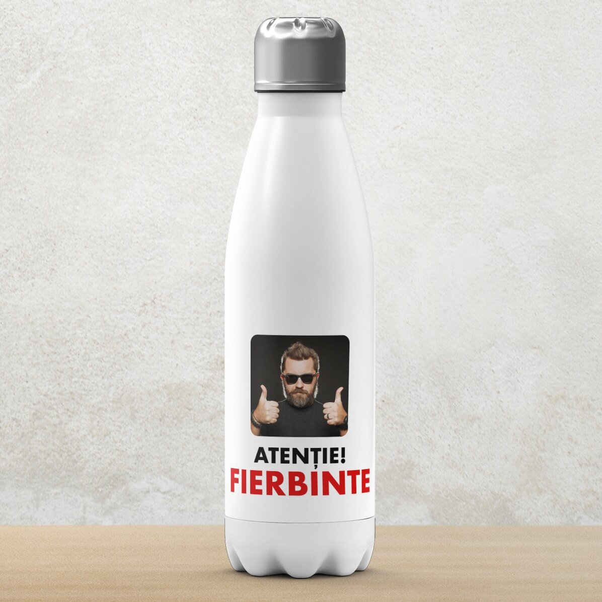 Thermos à base blanche personnalisé avec une photo et un texte - Fierbinte