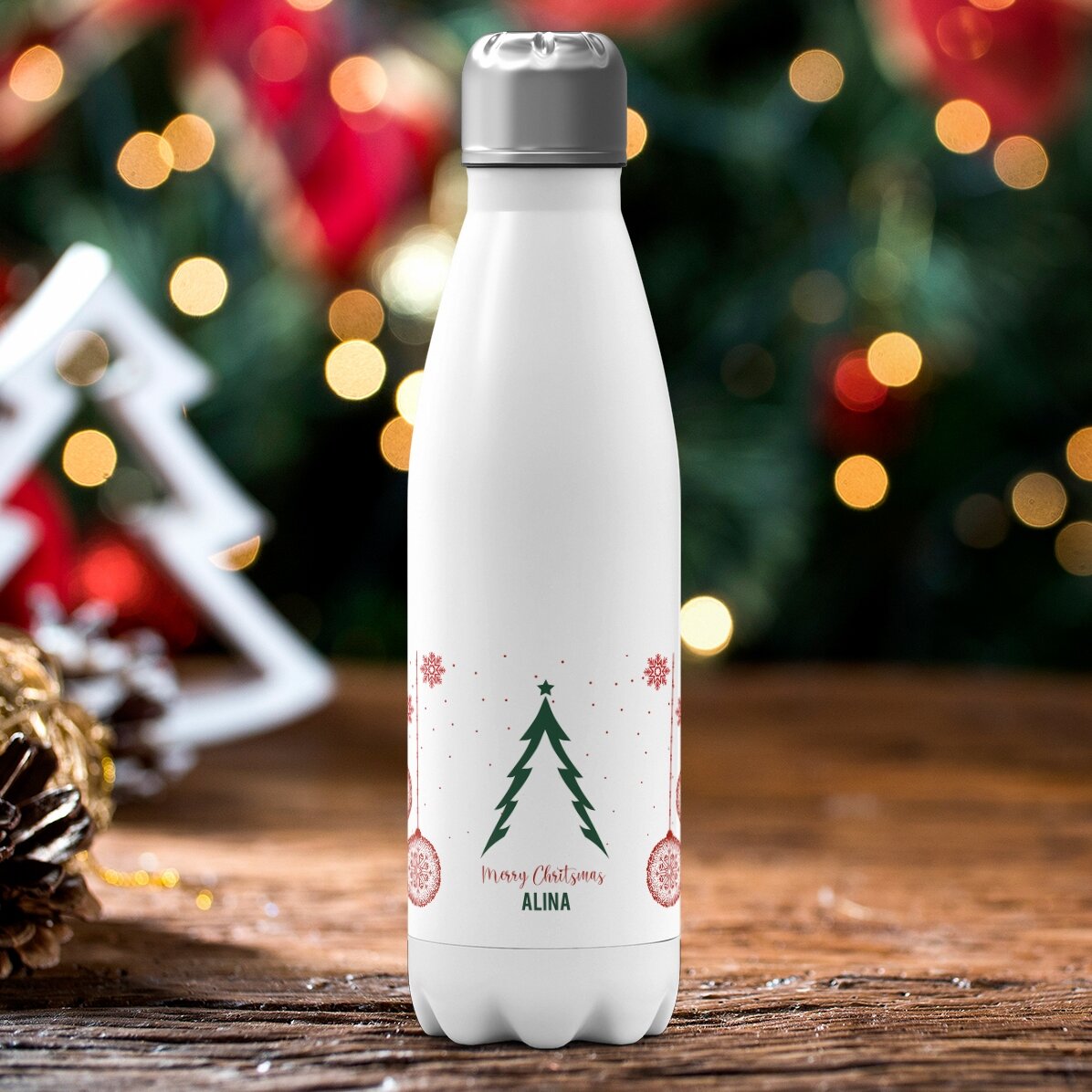 Thermos à base blanche personnalisé avec un texte - Christmas tree