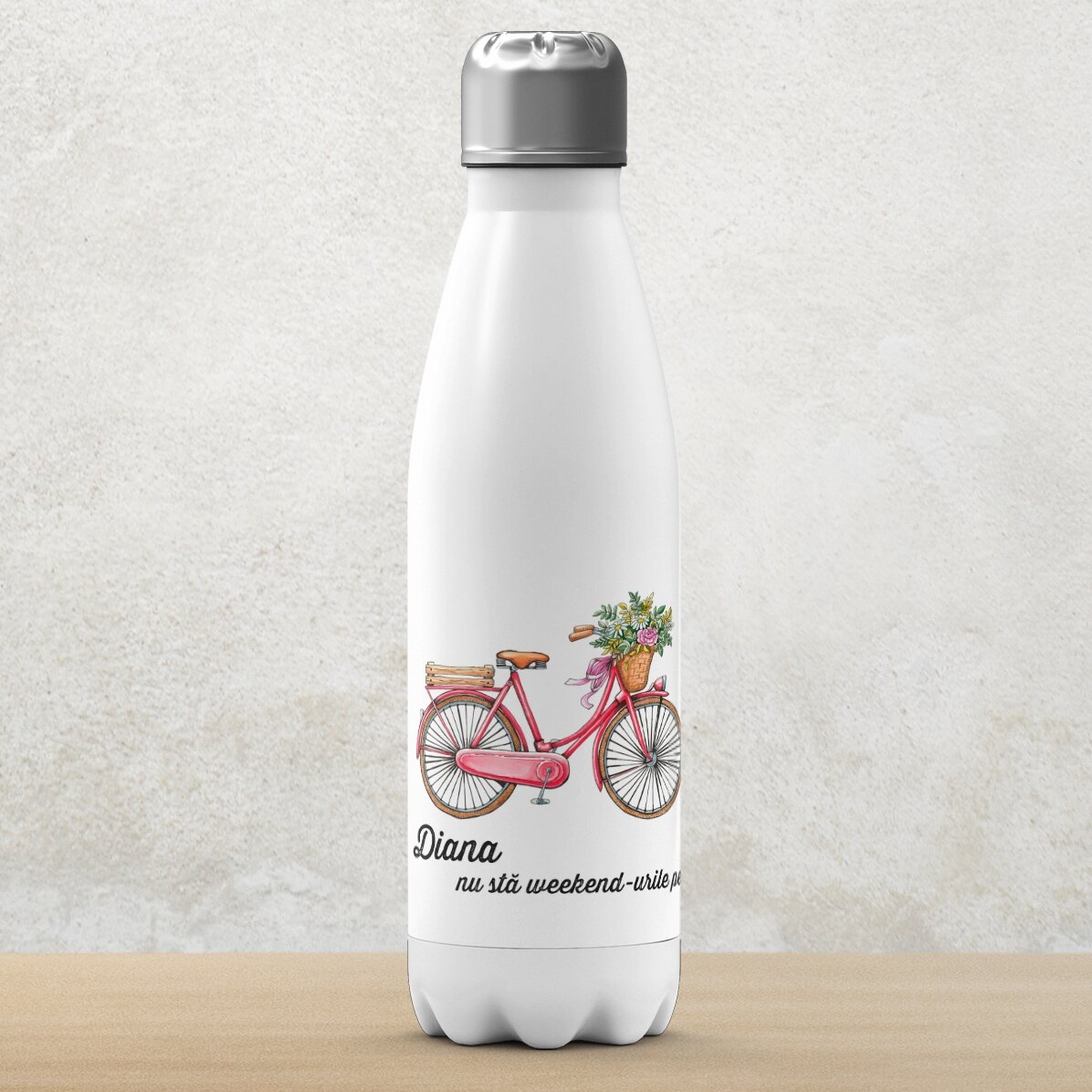 Thermos à base blanche personnalisé avec un texte - modèle vélo rétro