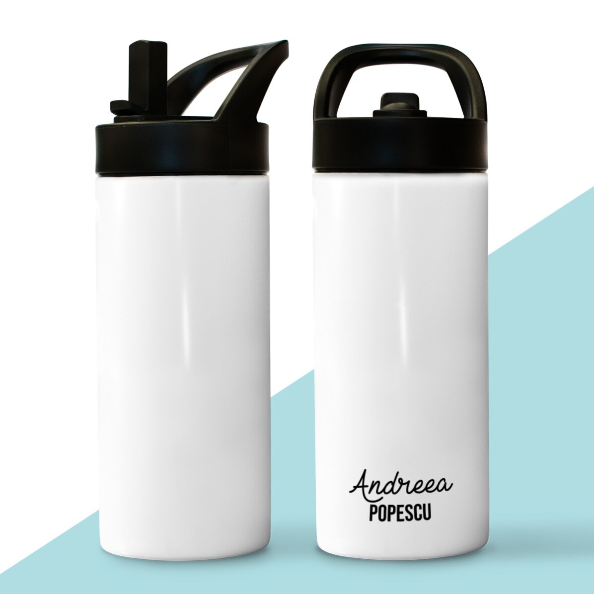Thermos avec poignée et paille, personnalisé avec deux lignes de texte