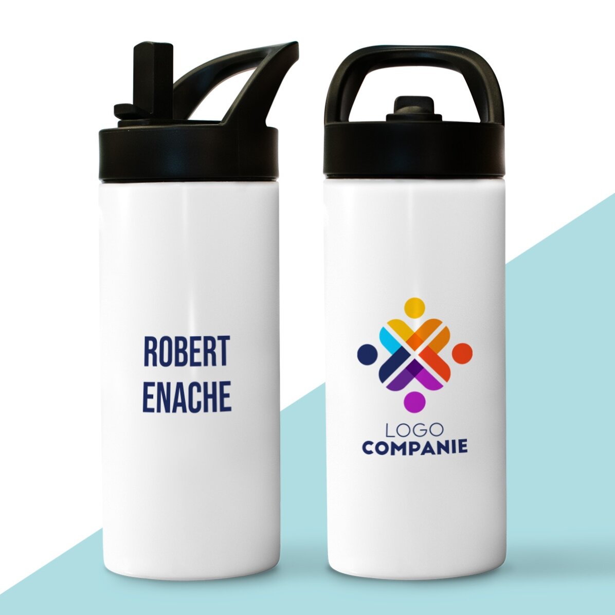 Thermos avec poignée et paille, personnalisé avec un logo et un nom