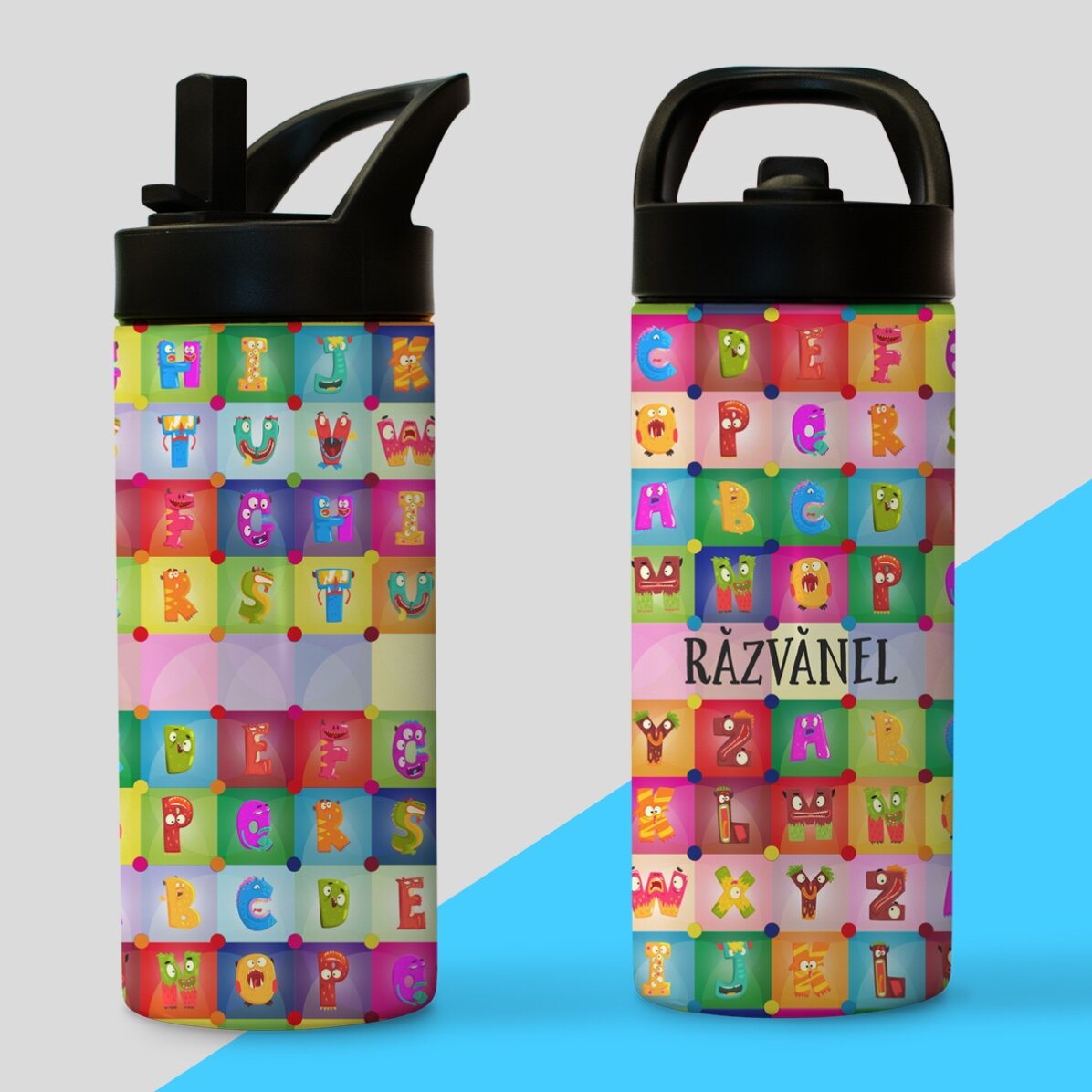 Thermos avec poignée et paille, personnalisé avec un prénom - Alphabet