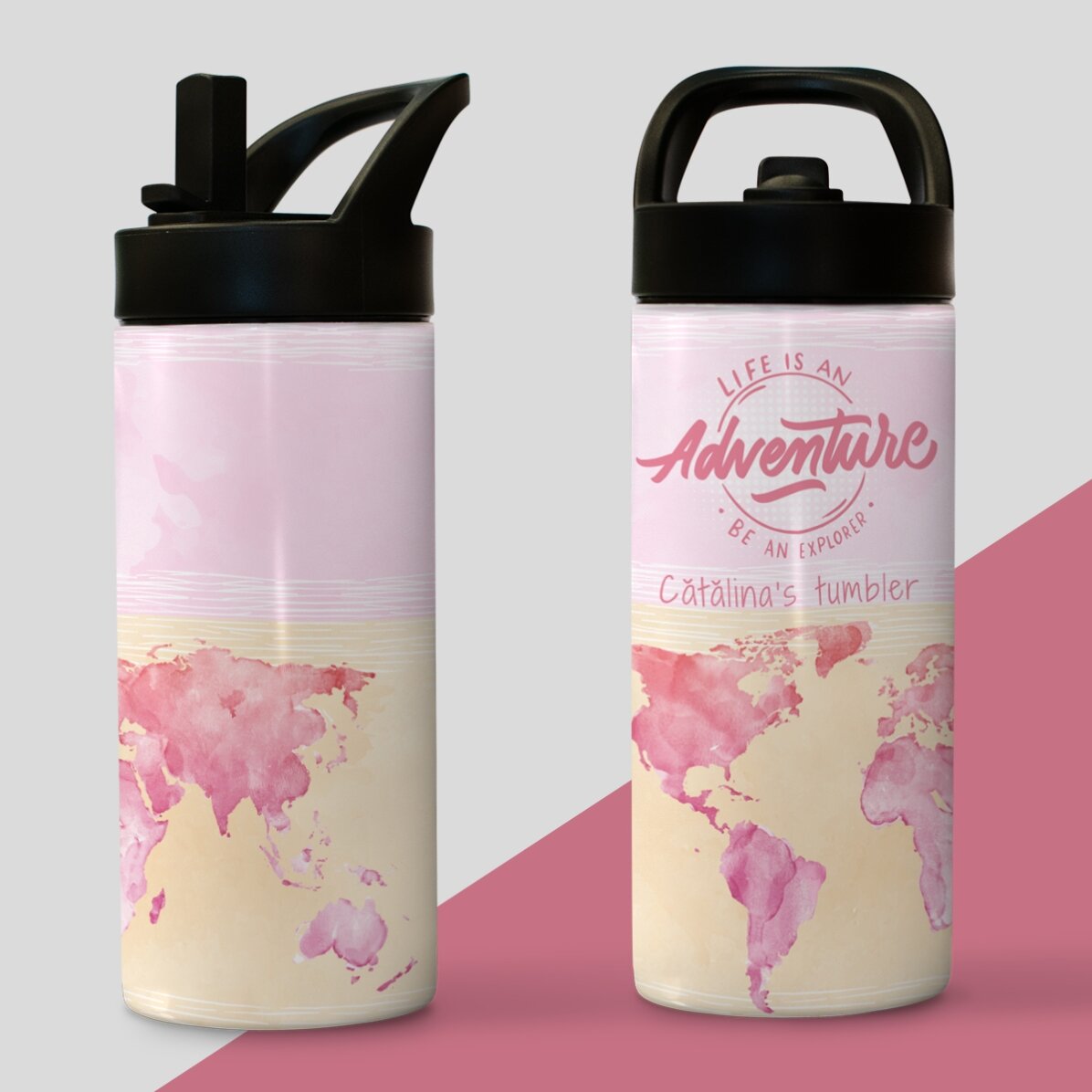 Thermos avec poignée et paille, personnalisé avec un prénom - Be an explorer