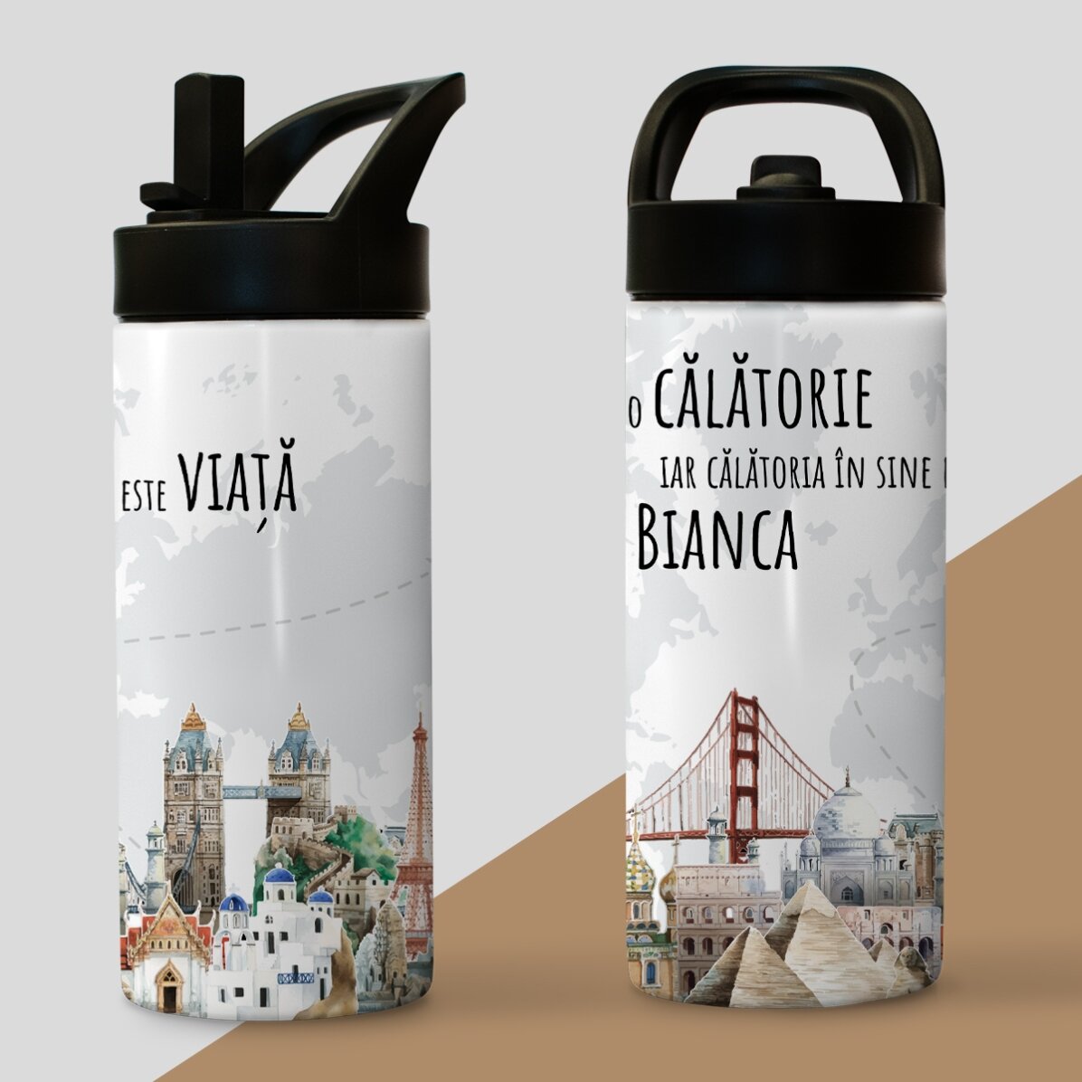 Thermos avec poignée et paille, personnalisé avec un prénom - Le voyage, c