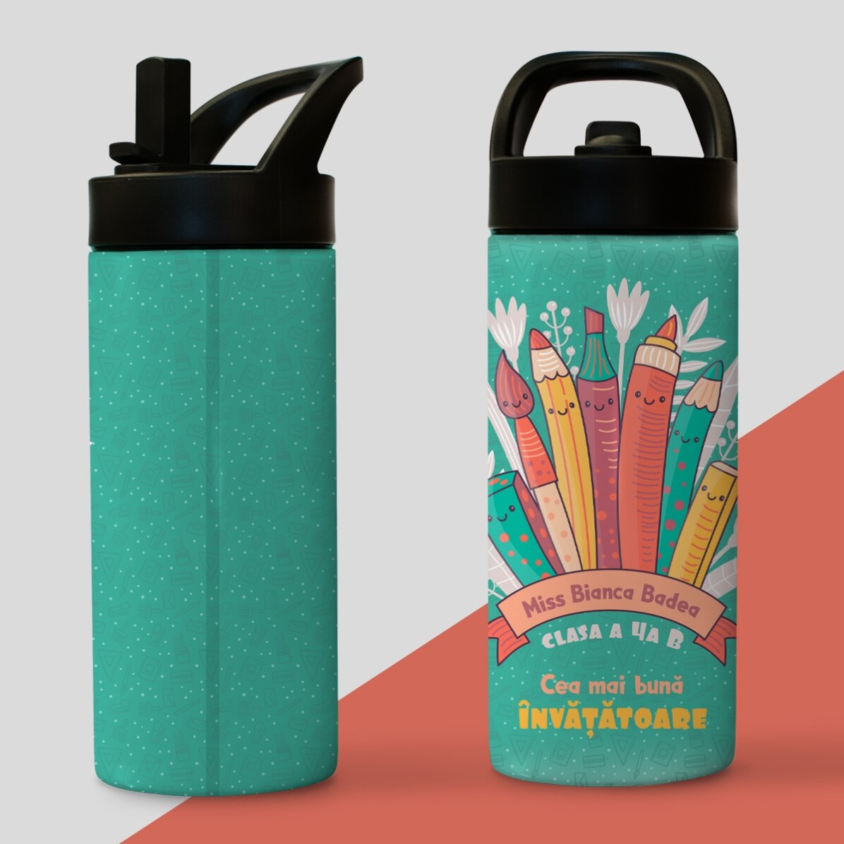 Thermos avec poignée et paille, personnalisé avec un prénom - La meilleure institutrice