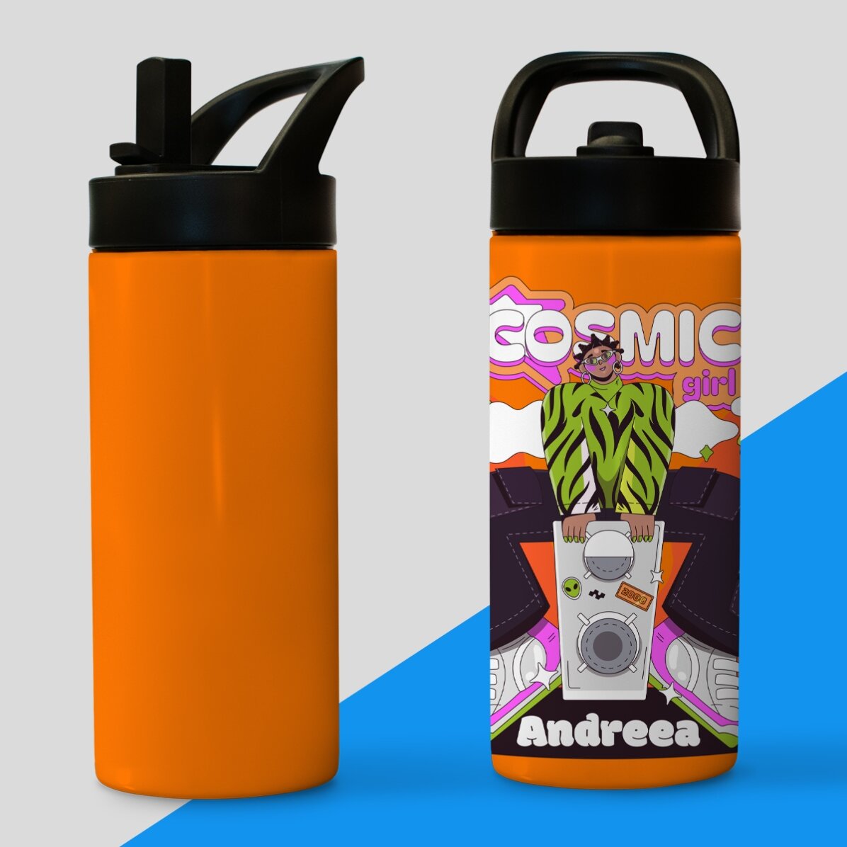 Thermos avec poignée et paille, personnalisé avec un prénom - Cosmic Girl