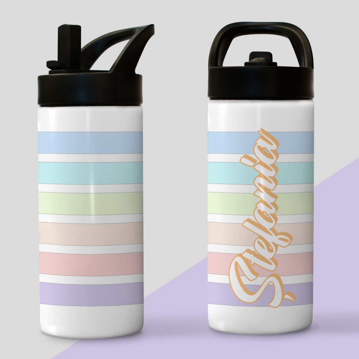 Thermos avec poignée et paille, personnalisé avec un prénom - Rayures colorées