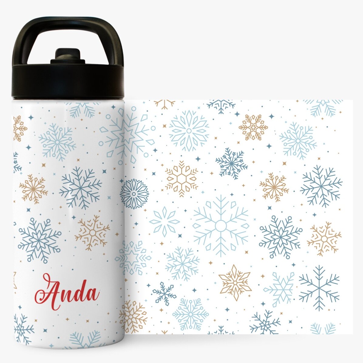 Thermos avec poignée et paille, personnalisé avec un prénom - Flocons de neige