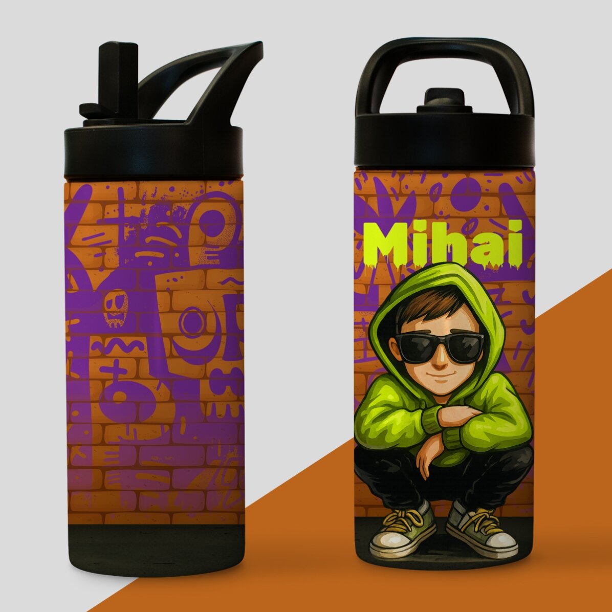 Thermos avec poignée et paille, personnalisé avec un prénom - Graffiti