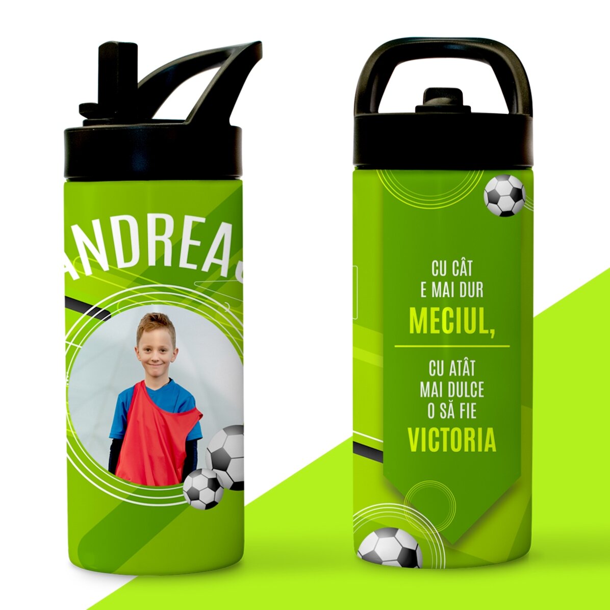Thermos avec poignée et paille, personnalisé avec un texte et une photo - Le petit footballeur