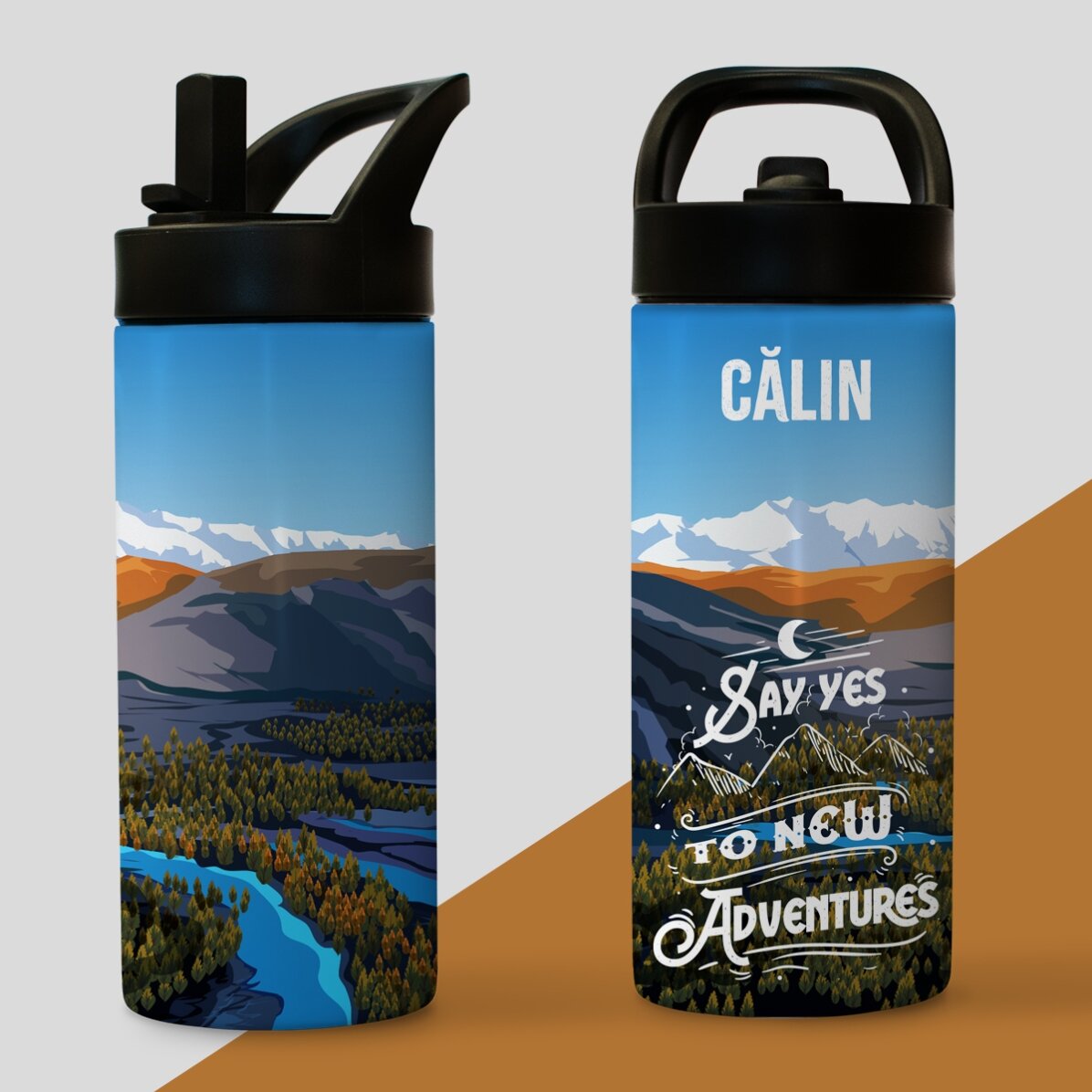 Thermos avec poignée et paille, personnalisé avec un prénom - New adventures