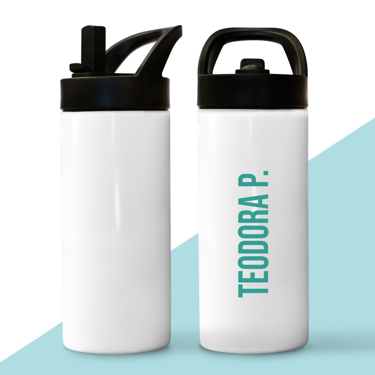 Thermos avec poignée et paille, personnalisé avec un prénom inscrit à la verticale