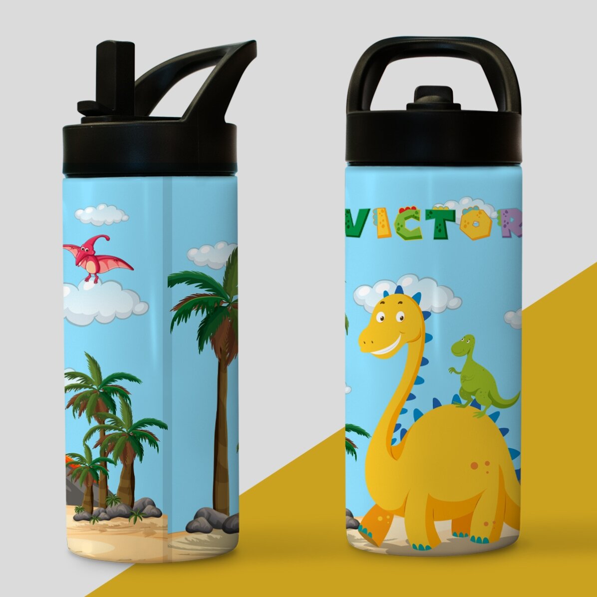Thermos avec poignée et paille, personnalisé avec le prénom de l