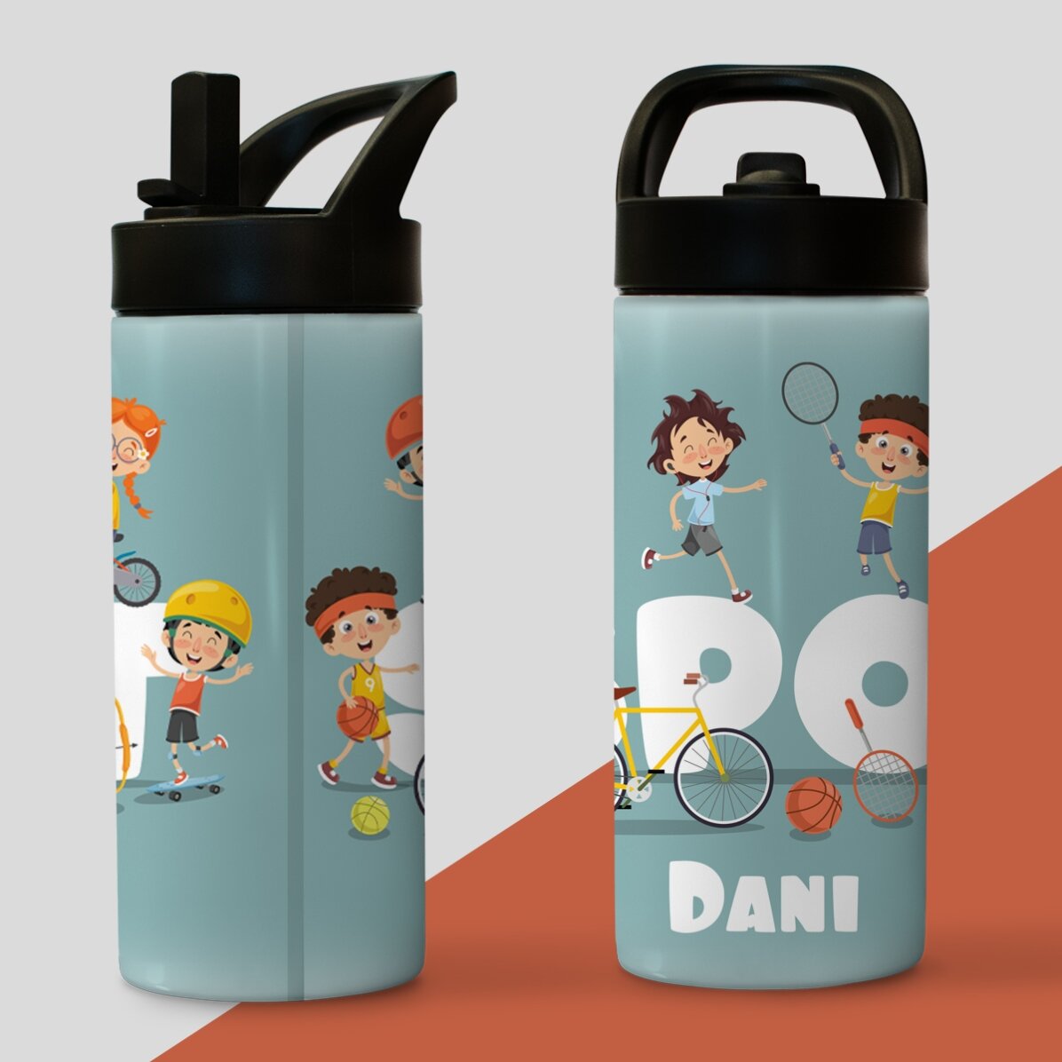 Thermos avec poignée et paille, personnalisé avec le prénom de l