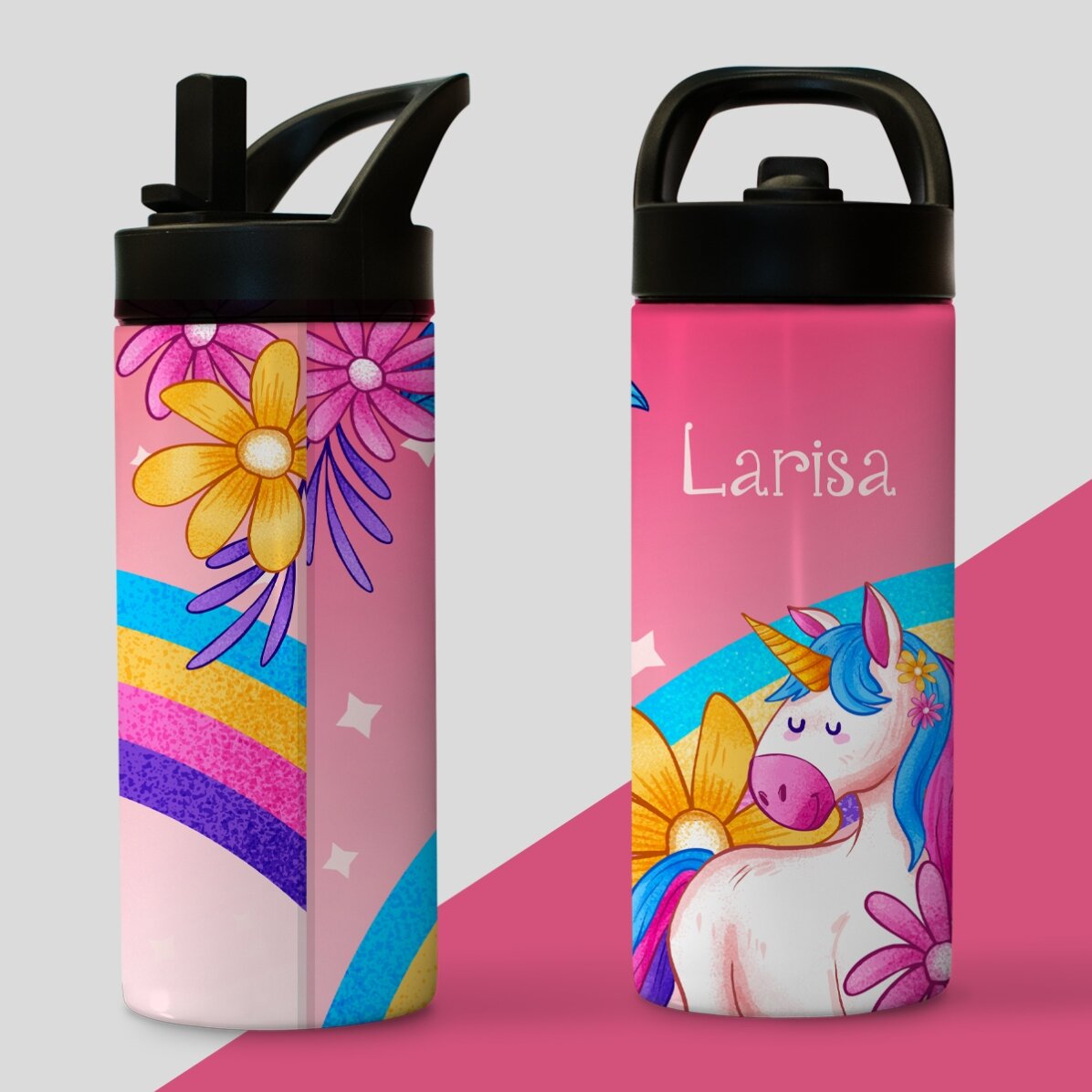 Thermos avec poignée et paille, personnalisé avec le prénom de l