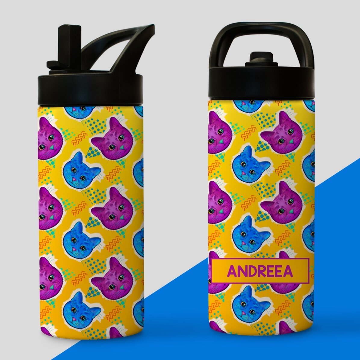 Thermos avec poignée et paille, personnalisé avec un prénom - Chats colorés