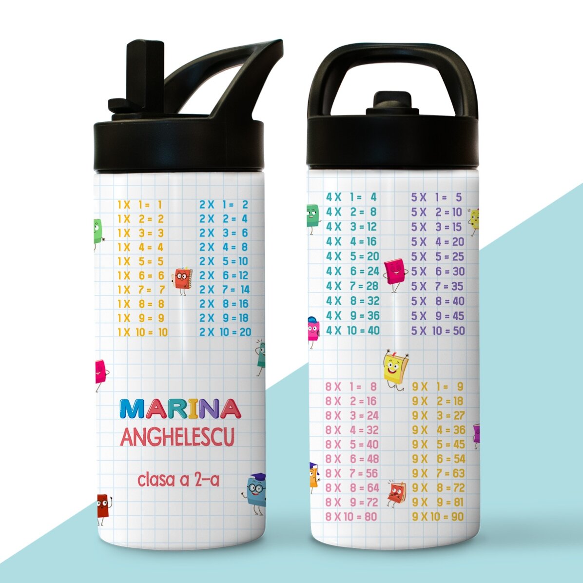 Thermos avec poignée et paille, personnalisé avec un prénom - Table de multiplication