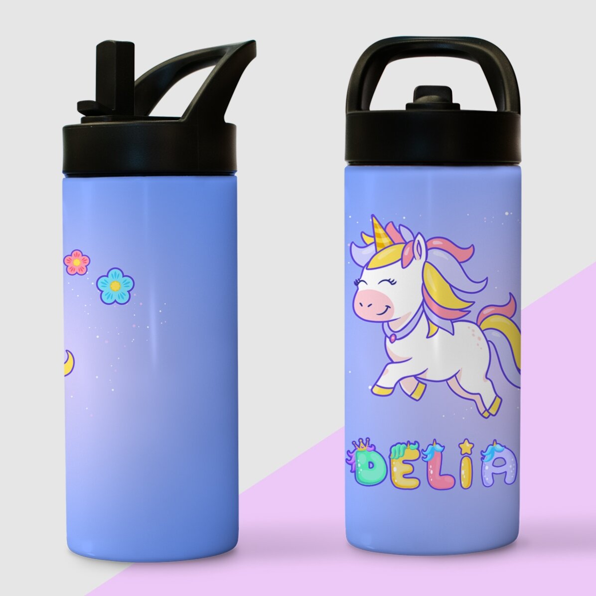 Thermos avec poignée et paille, personnalisé avec un prénom - Licorne