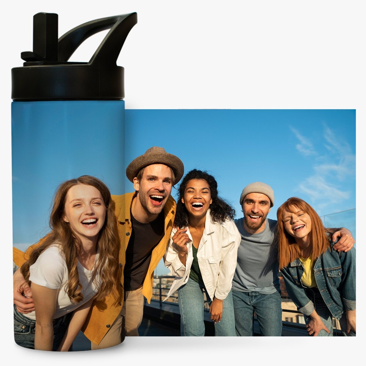 Thermos avec poignée et paille, personnalisé avec une photo