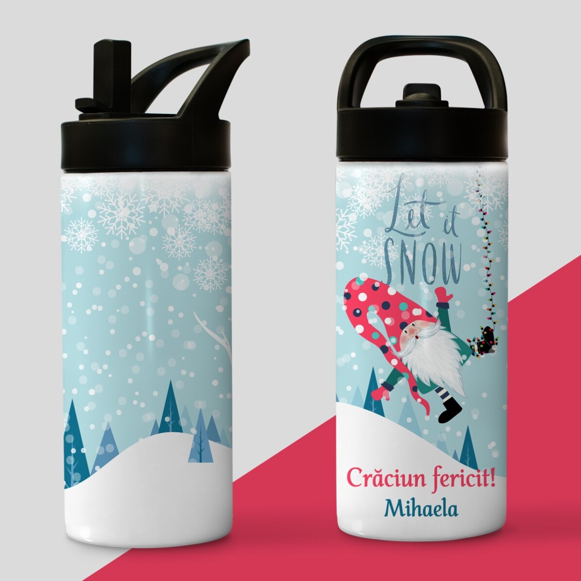 Thermos avec poignée et paille, personnalisé avec le texte « Let it snow »