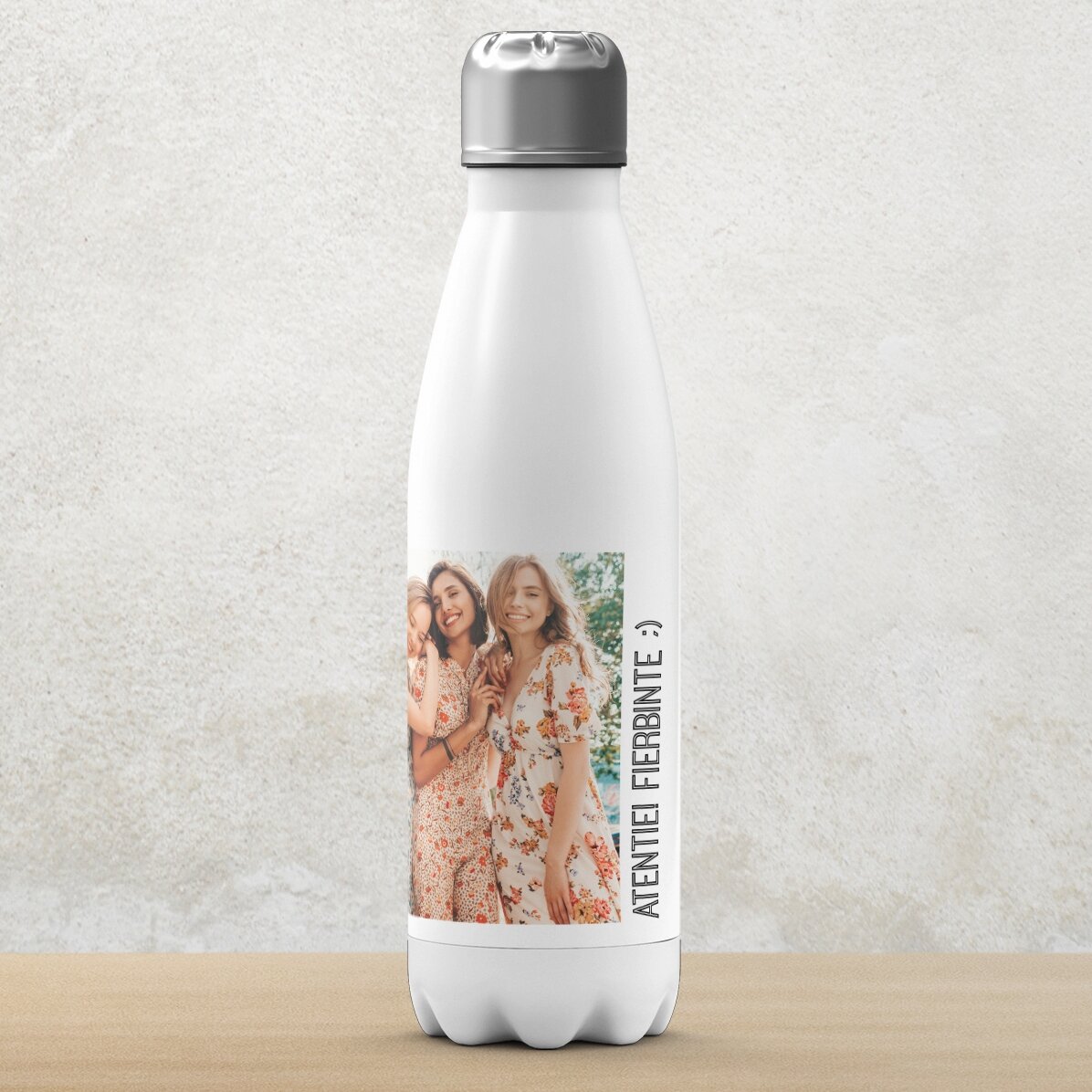 Thermos à base blanche personnalisé avec 5 photos et un texte