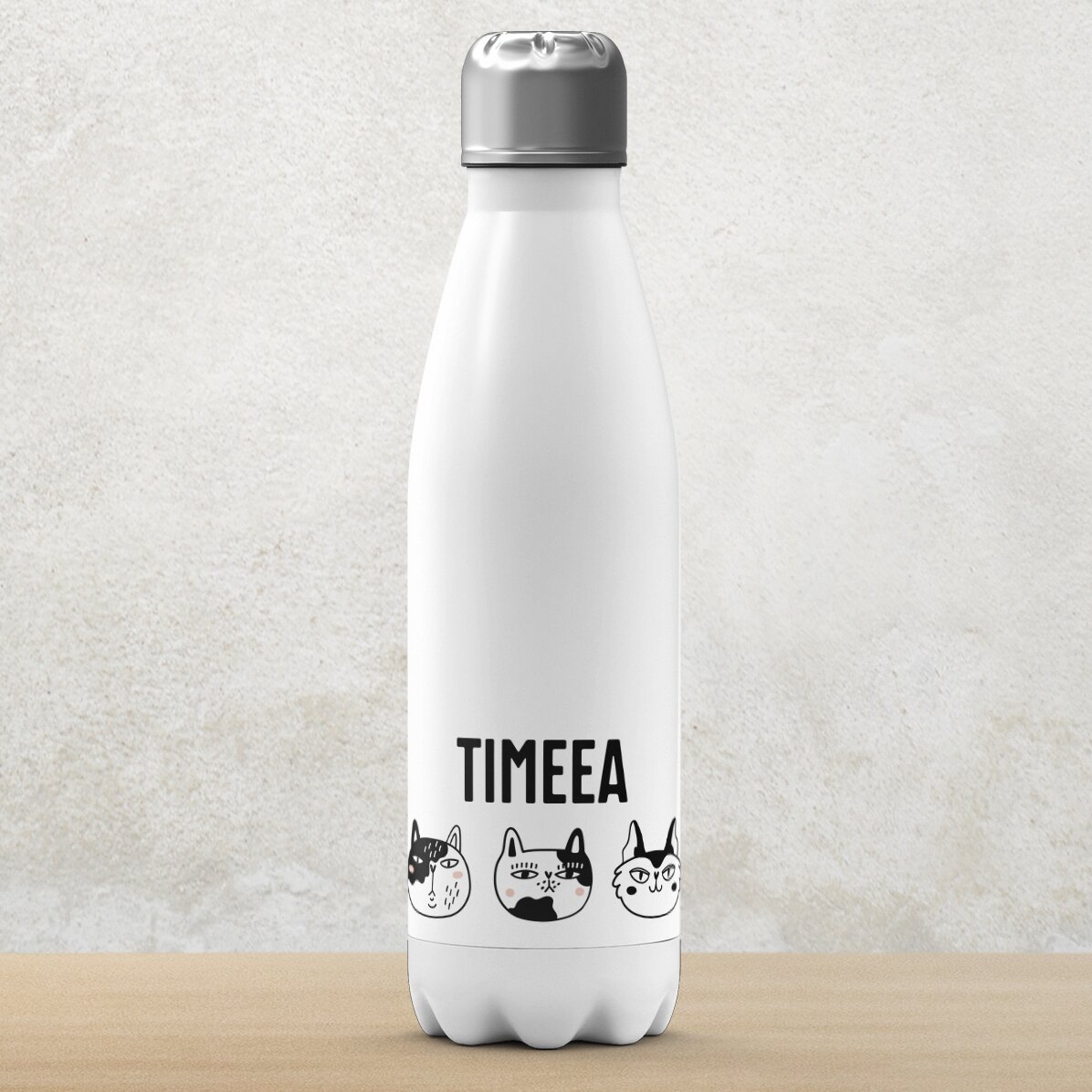 Thermos à base blanche personnalisé avec un prénom - Cats