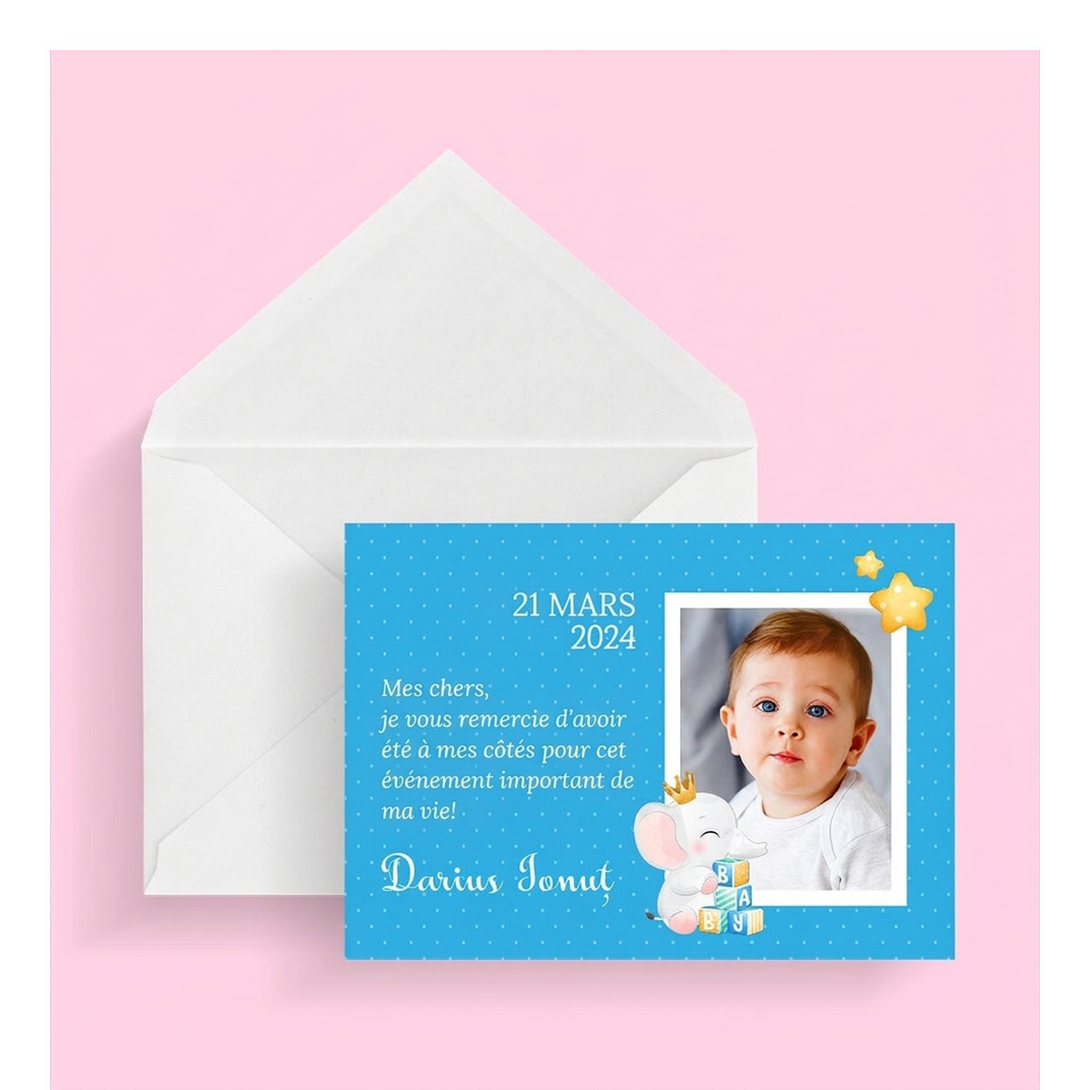 Cartes de vœux et aimants personnalisés pour un baptême