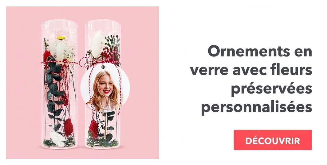 Décorations en verre avec des fleurs stabilisées personnalisées